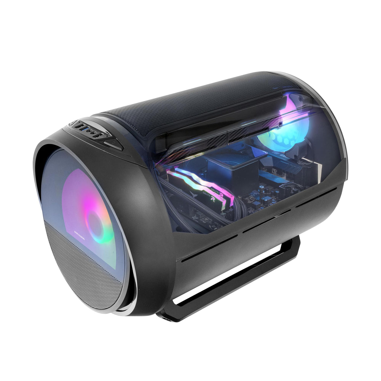 Mars Gaming MC- Cylon, Caja Gaming MicroATX, Diseño Cilíndrico de Turbina, Panel Cristal Templado y Ventana Superior Curvada Panorámica, Ventilador Frontal RGB 200mm + Ventilador Trasero 120mm, Negro