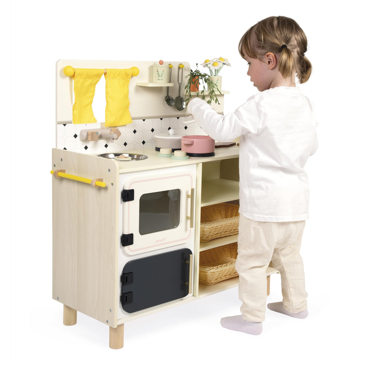 Janod - Gran Cocina Infantil de Madera - Equipada con 2 Hornos, Fregadero y 16 Accesorios Incluidos - Botones Sonoros Giratorios - Juguete de Imitación y Aprendizaje Temprano - A Partir de 2 años