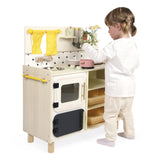 Janod - Gran Cocina Infantil de Madera - Equipada con 2 Hornos, Fregadero y 16 Accesorios Incluidos - Botones Sonoros Giratorios - Juguete de Imitación y Aprendizaje Temprano - A Partir de 2 años
