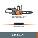 WORX WG322E.1 Sierra de cadena con batería (20 V, Práctica sierra para madera, Para uso en el jardín y trabajos de construcción con tensión de cadena automática), 25 cm de longitud de corte