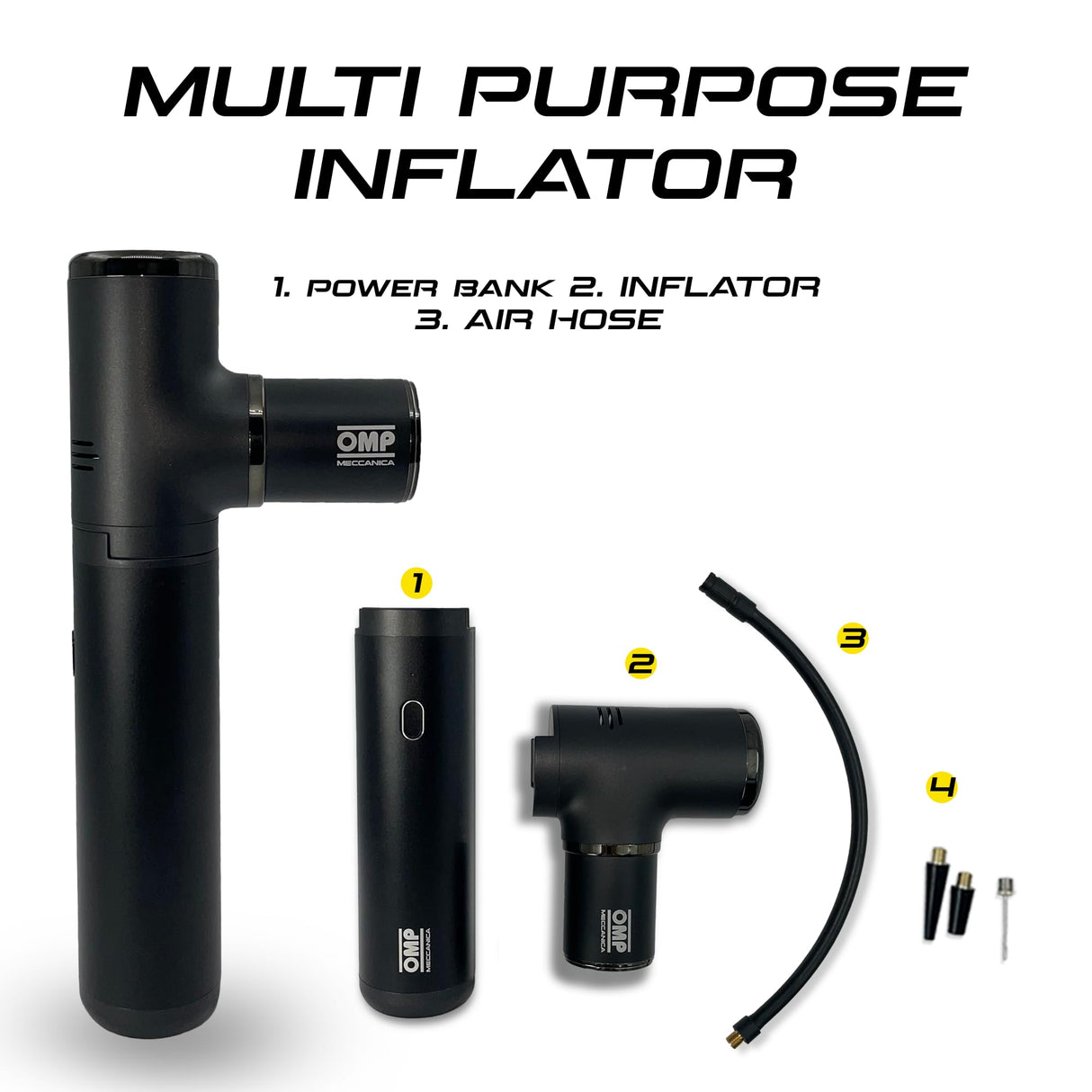 OMP Meccanica 5 EN 1 Kit Portátil Multi-Función Sin Cable – Arrancador de coche, Compresor de Aire, Aspiradora, Linterna y Power Bank – Compacto y Esencial para Asistencia en Carretera con Estuche
