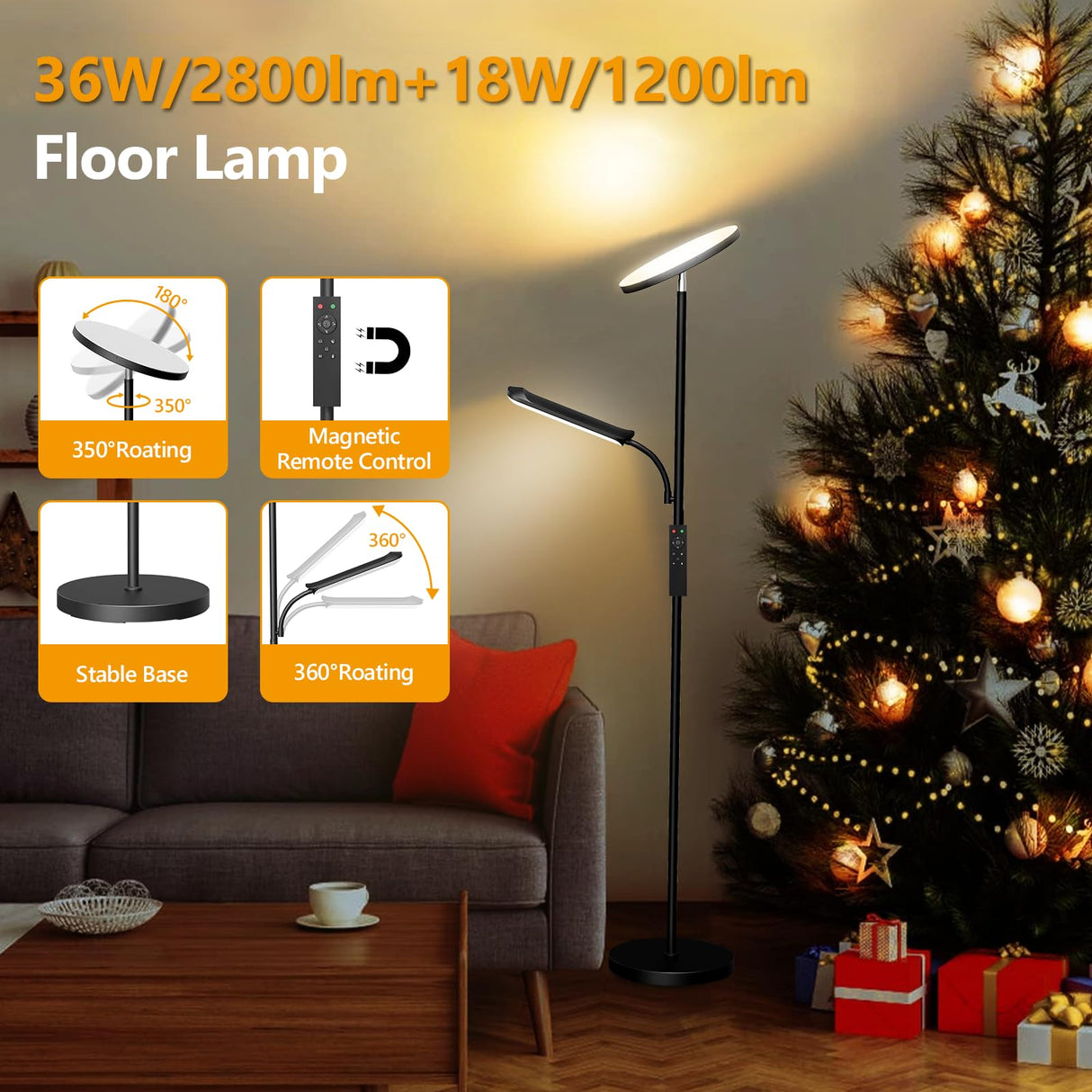 Lámpara de Pie LED Regulable de 42 W, Lamparas de Pie Para Salon Superbrillante de 4000 LM Para Sala de Estar Con Luz de Lectura, Atenuación Continua de 2700K-6500K, Control Remoto y Control Táctil