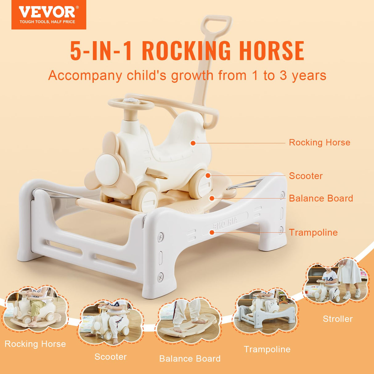 VEVOR Caballo Balancín 5 en 1 para Niños de 1 a 3 Años, Caballo Balancín para Bebé con Trampolín, Tabla de Equilibrio Desmontable, Manija de Empuje y 4 Ruedas Lisas, para Niños de 36 kg, Blanco