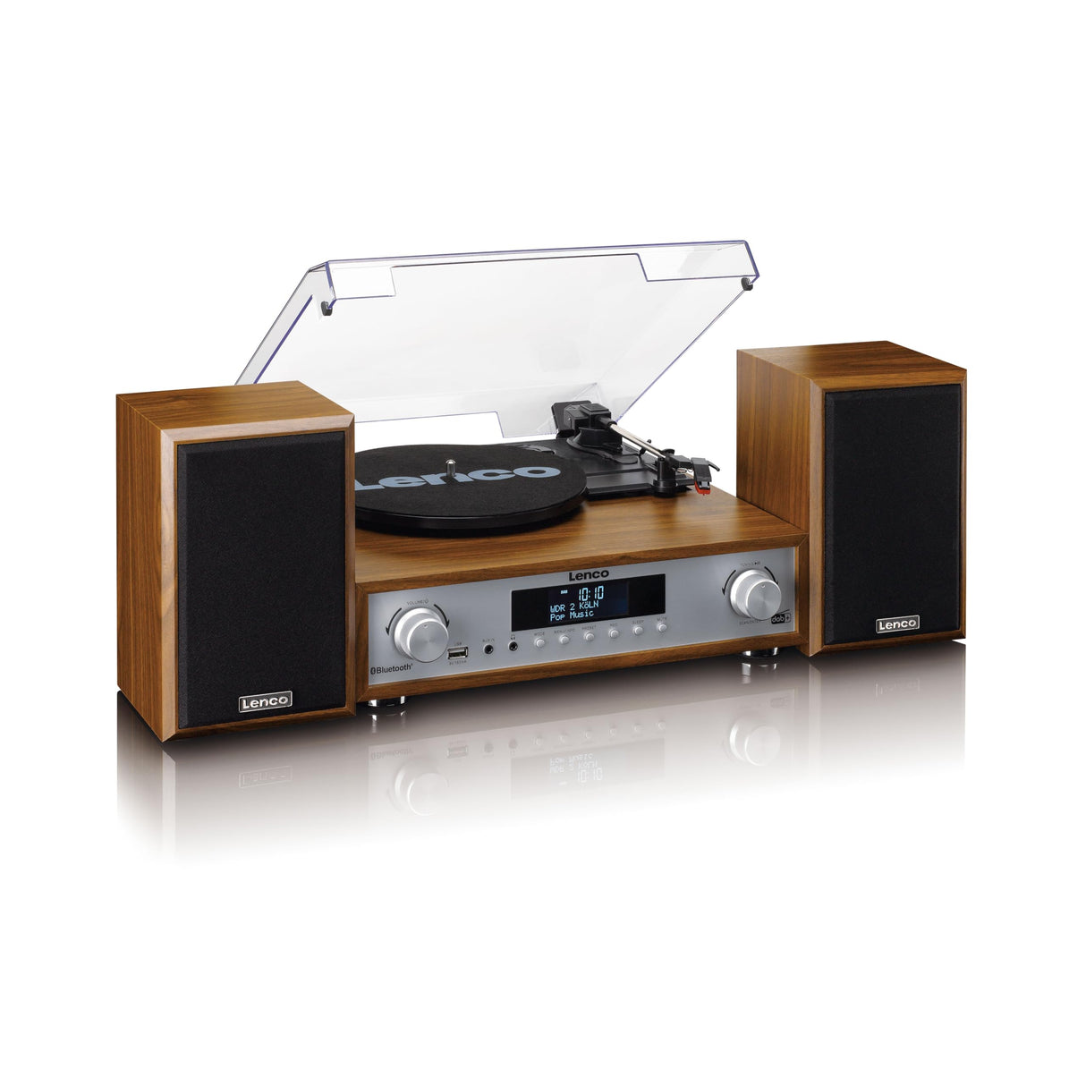 Lenco MC-160WD Equipo de música con Tocadiscos – Radio Dab+/FM, Bluetooth 5.0, conversión de Vinilo a MP3 por USB, tracción por Correa, 3 velocidades, Altavoces de Madera 2x10W, Mando a Distancia