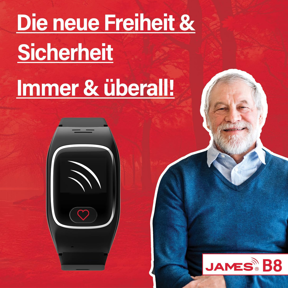 James B6 - Reloj de Emergencia y Seguridad para Personas Mayores, detección de caídas, botón de Llamada de Emergencia y localización GPS, Funciones de Salud, por Ejemplo, Pulso, aplicación Familiar +