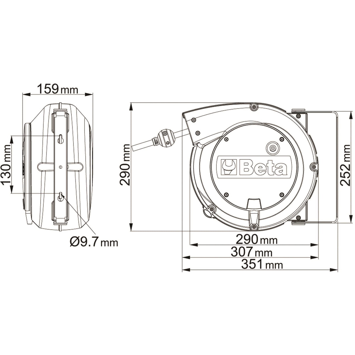 Beta - 1844 15-H05 Carrete automático con protección térmica y cable 3Gx1,5 mm² longitud cable sin carcasa de 1 m, con soporte orientable de 180° y segundo soporte para empotrar rápido, 018420821