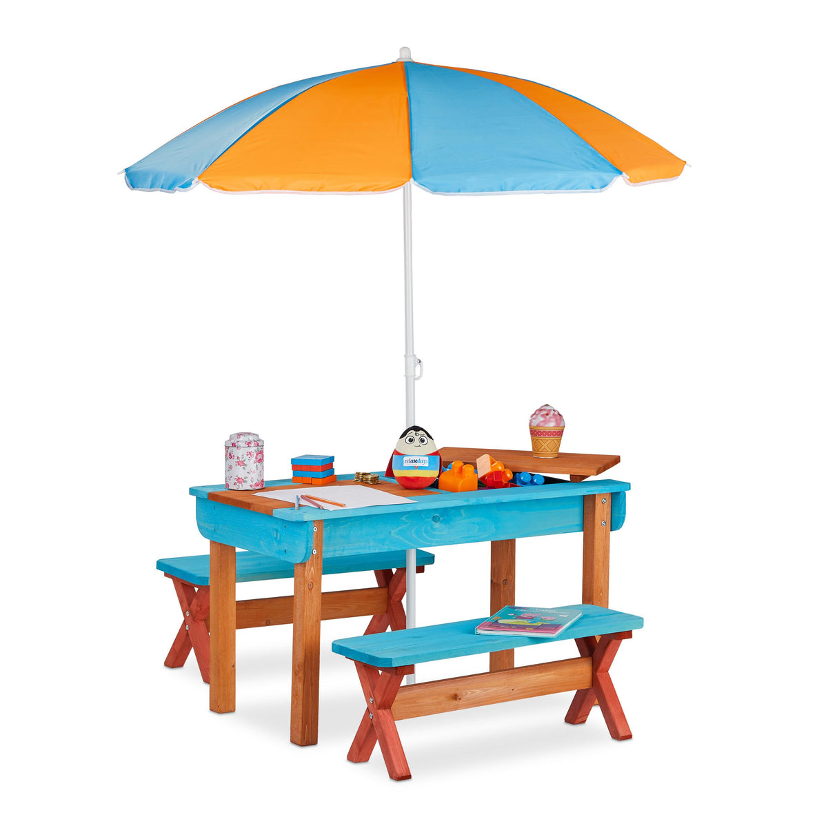 Relaxdays Mobiliario Infantil para jardín, Set con Mesa, Dos Bancos y sombrilla, Muebles de Exterior, Madera, Multi-Color