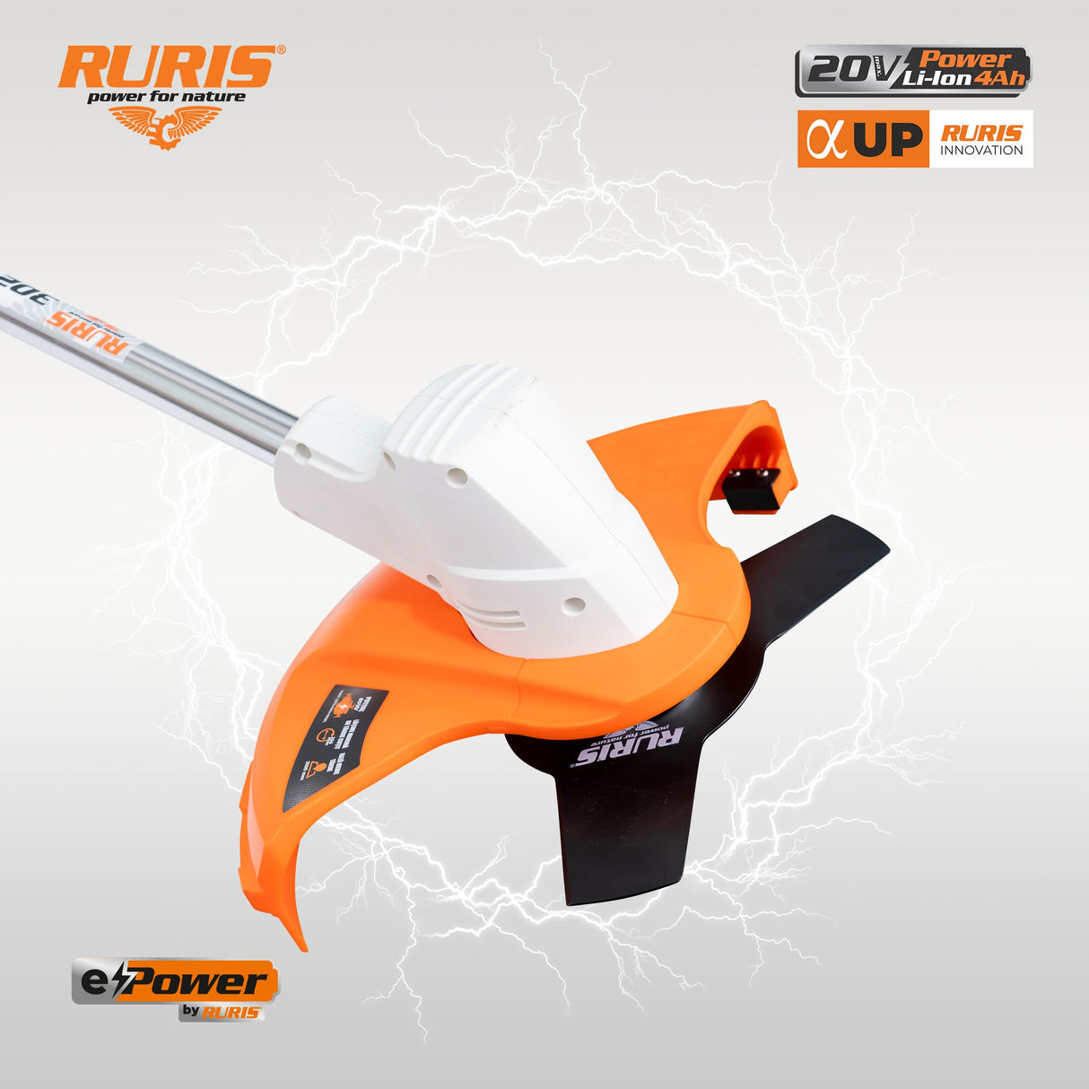 RURIS - Desbrozadora con batería 3024e - Motor sin escobillas - Ancho de Corte 300 mm (Alambre) / 255 mm (Hoja), Asas ergonómicas, batería de 20 V Li-Ion 4 Ah y Cargador Incluido