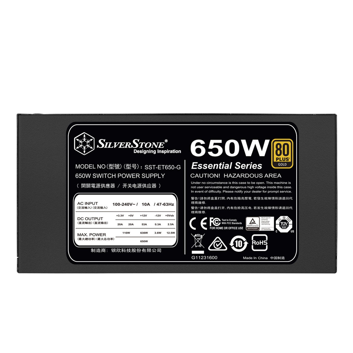 SilverStone Technology SST-ET650-G v1.2 - Serie Strider Essential, 650W 80 Plus Gold ATX PC Fuente de alimentación, 120mm, EPS Dual de 8 Pines con Soporte para múltiples Conectores PCI-E 8/6 Pines