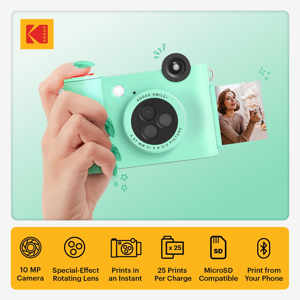 KODAK Smile+ Cámara Digital instantánea 2-en-1 y Impresora Bluetooth - 10MP, Lente giratoria con Efectos, Fotos Adhesivas Zink 2x3”, Imprime Desde App en Dispositivos Inteligentes - Verde