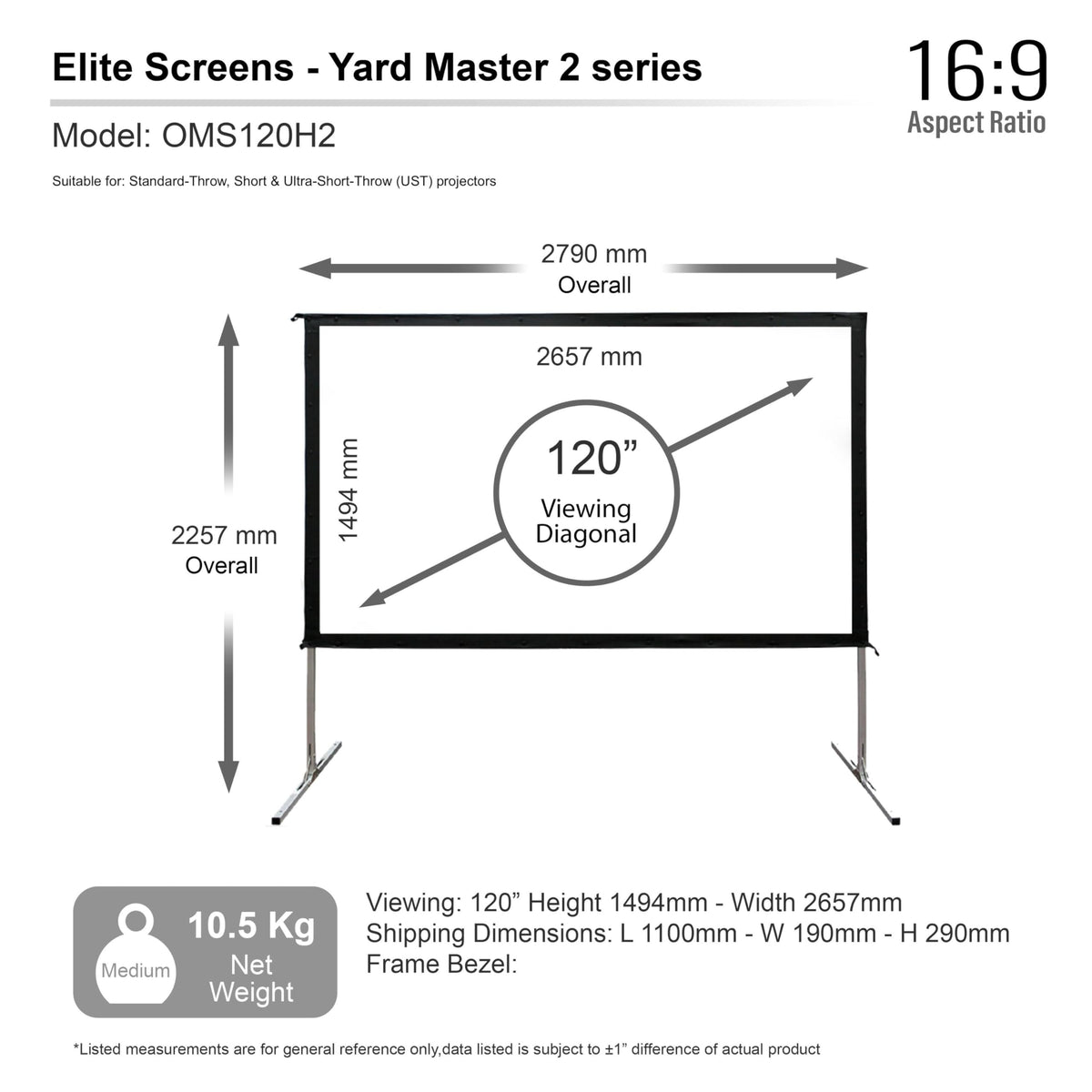 Elite Screens Pantalla de proyector de 120 Pulgadas, Pantallas de Cine para Interiores y Exteriores, Soporte de proyección Plegable portátil Independiente 16:9, Cine en casa, OMS120H2