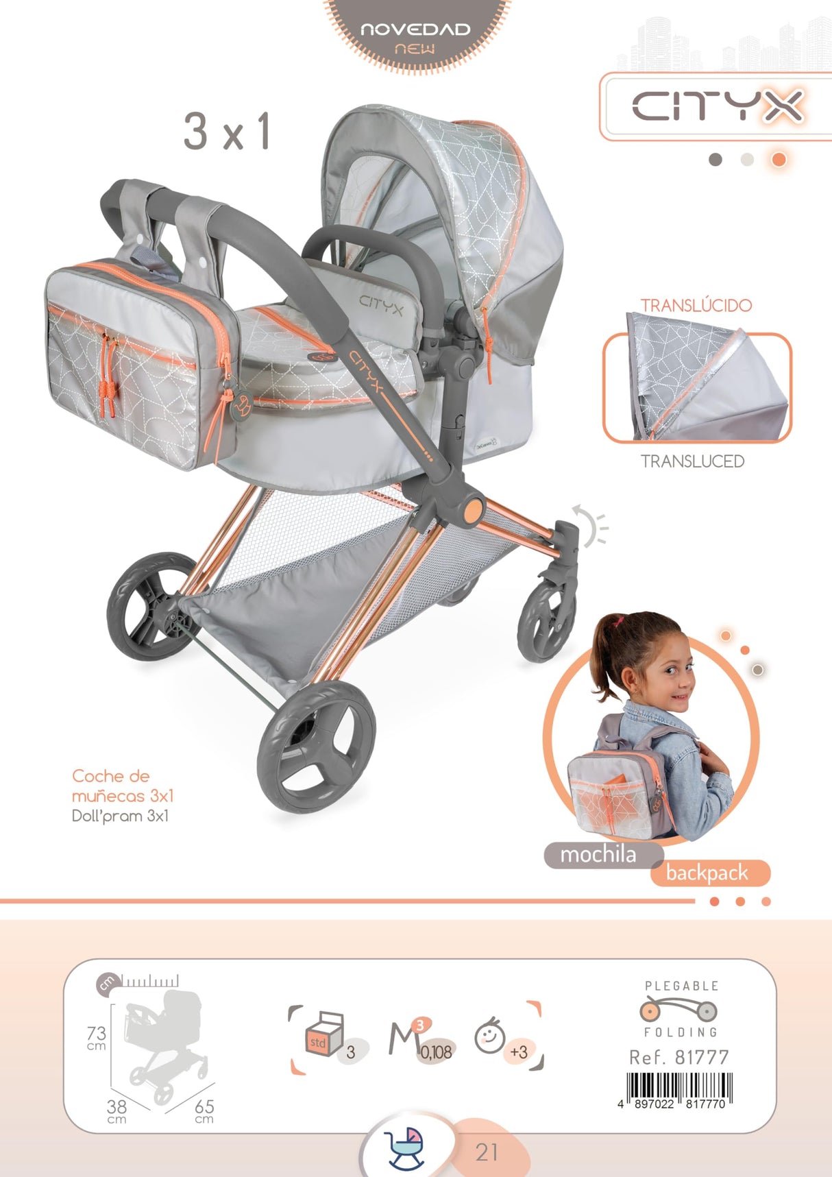 Coche de muñeca 3x1 Plegable - Novedad, para muñecas de hasta 50 cm.