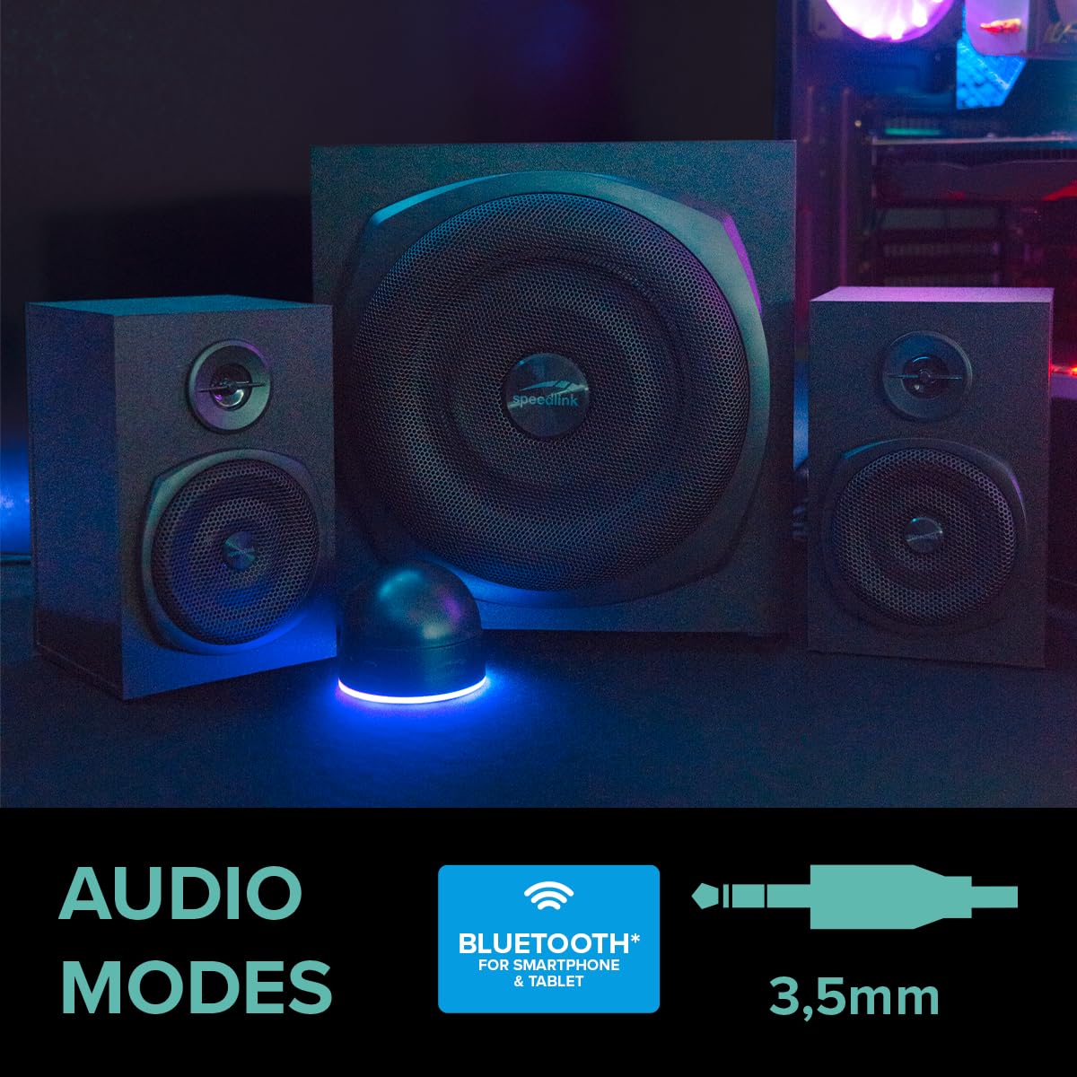 Speedlink Gravity LT Altavoz para PC Sistema de Sonido 2.1 Bluetooth - con subwoofer de Madera, Sistema de Altavoces Activos de 80 vatios, Conector AUX de 3,5 mm, Mando a Distancia RGB, Negro