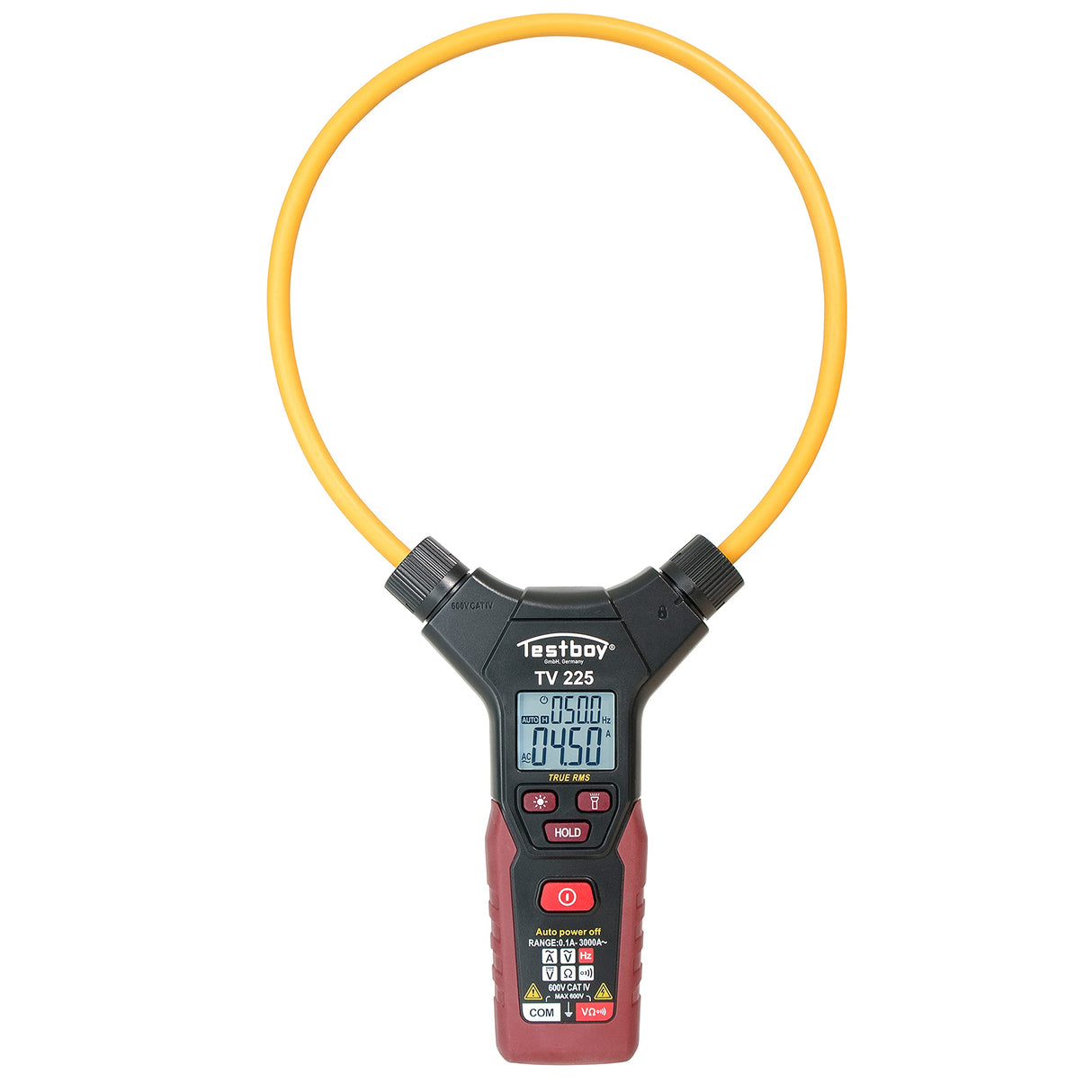 Pinza amperimétrica flexible Testboy TV 225 (medición de corriente hasta 3000 A AC, iluminación LED del punto de medición, medición sin contacto, método de medición T-RMS), rojo/negro