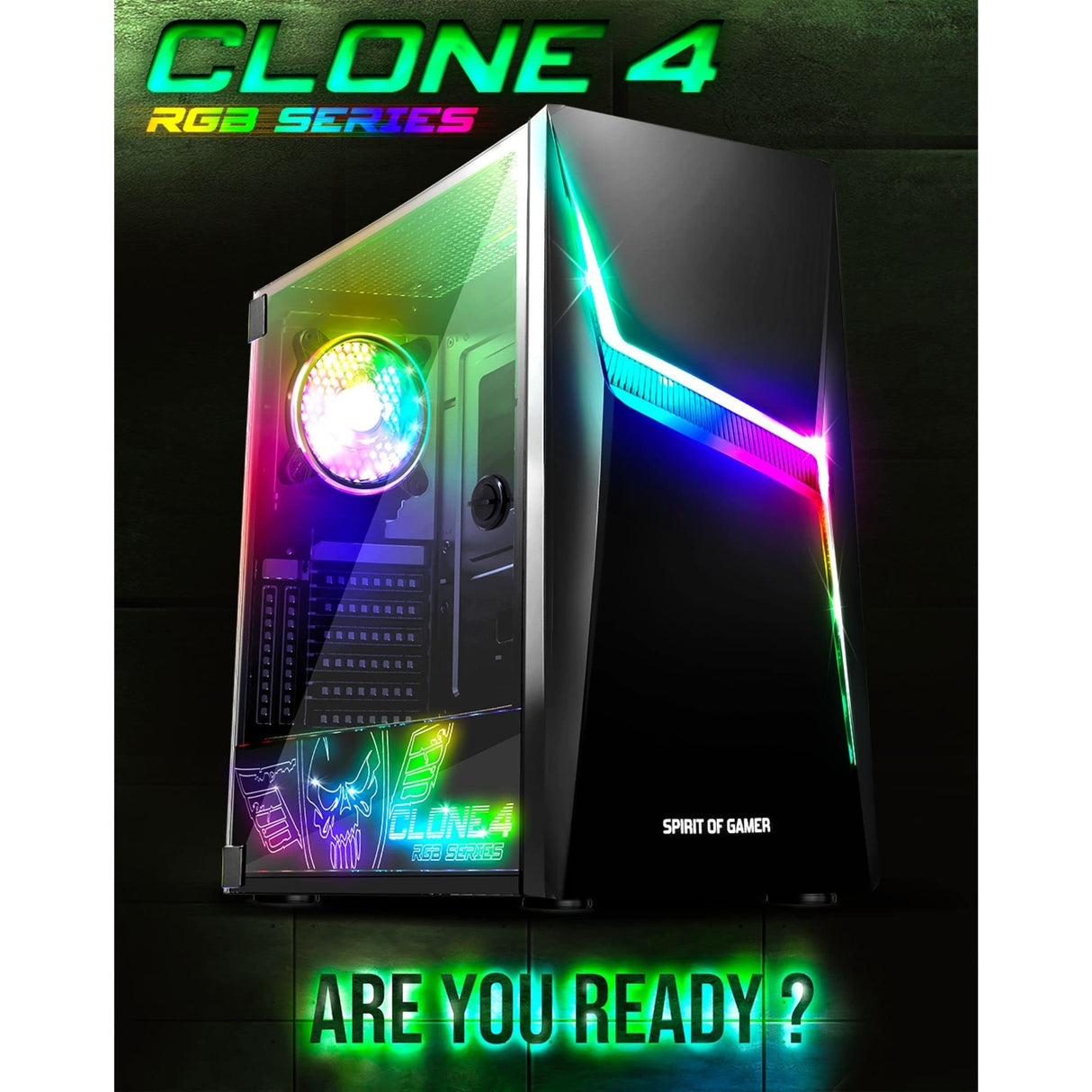 SPIRIT OF GAMER - Clone 4 - Caja PC Gaming RGB con Pared Transparente De Vidrio Templado - CREA Tu Propia Torre PC Gamer - Torre Compatible con ATX/MATX/ITX - 2 Ventiladores de 120 mm incluidos