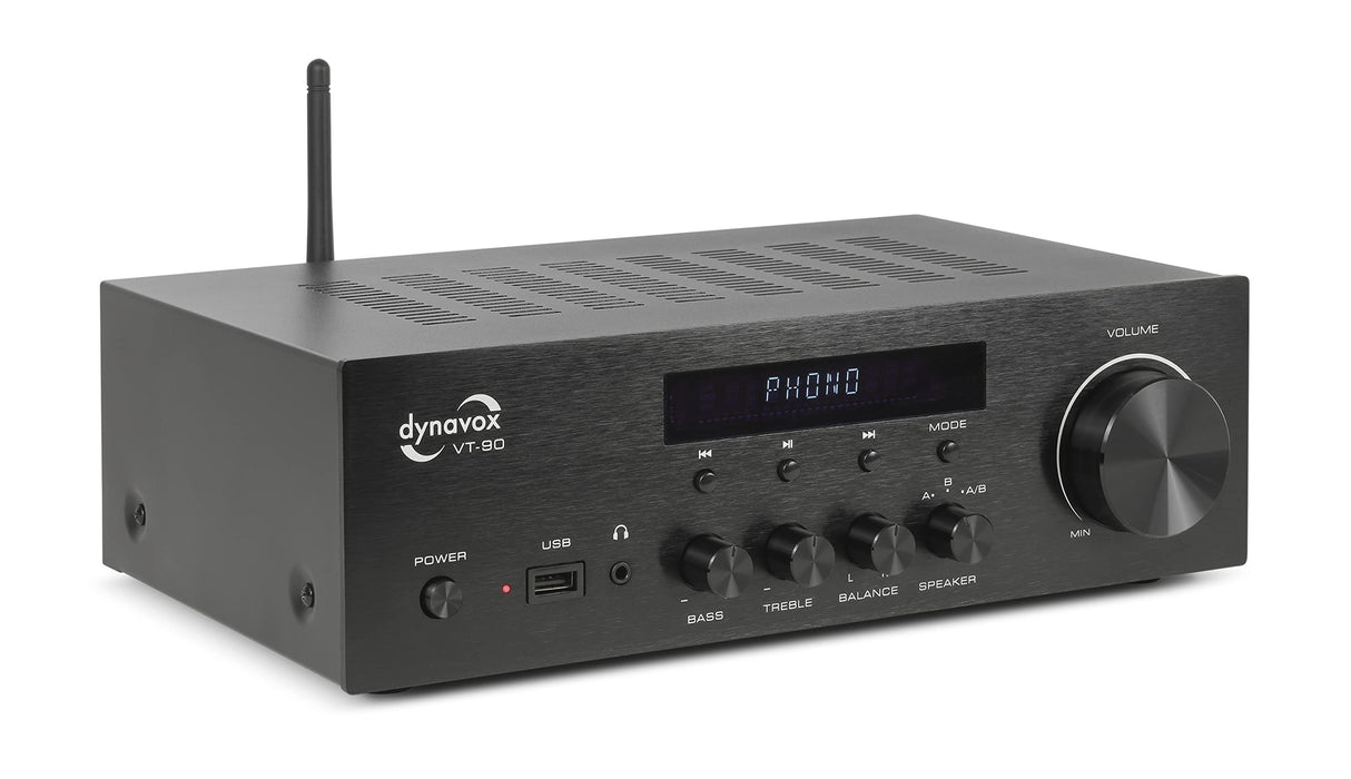 Dynavox VT-90 Amplificador estéreo Compacto, terminales de conexión atornillables para 4 Altavoces, Control Remoto, Entrada de Fono, transmisión BT, Negro