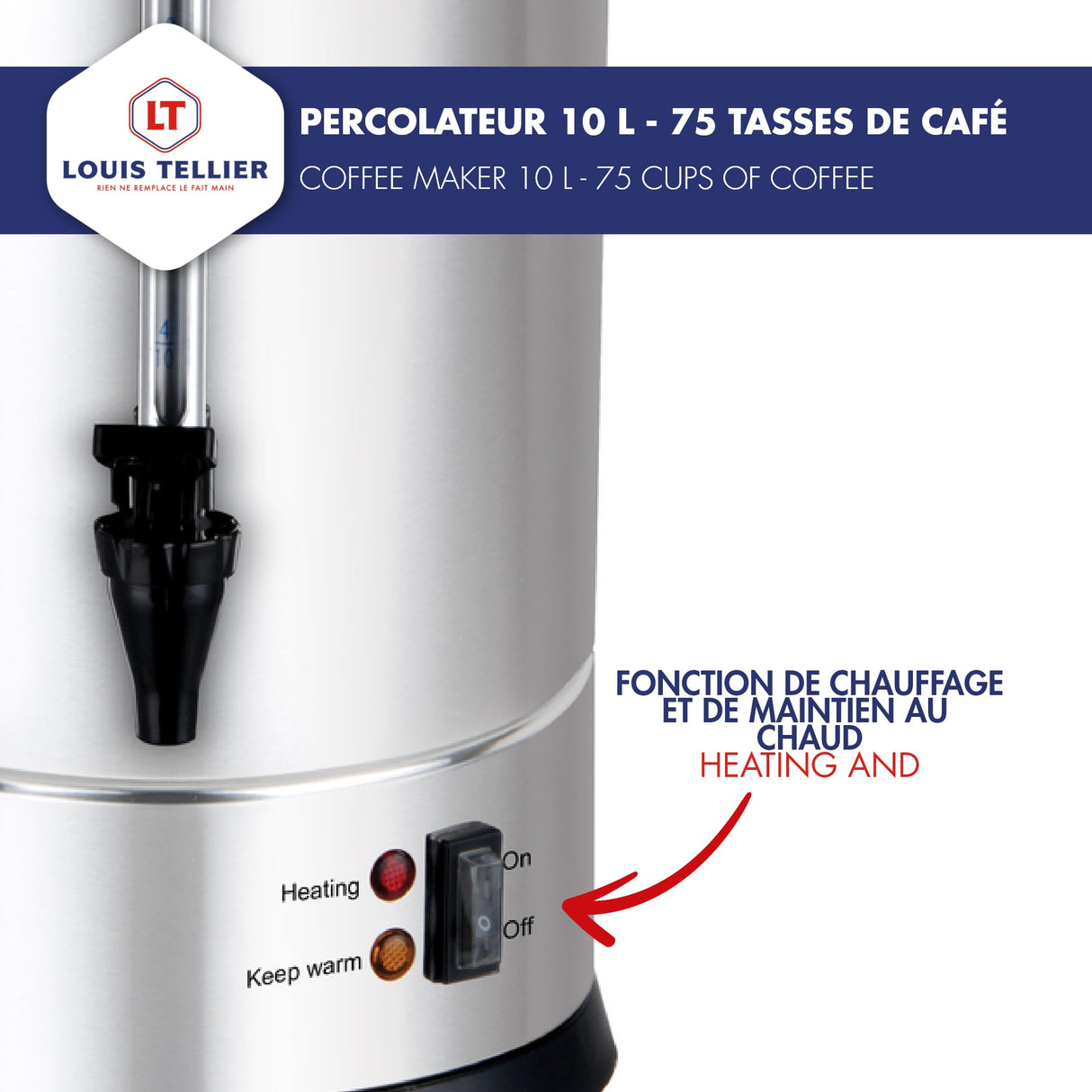 Louis Tellier - Percolador de Café Profesional - Capacity 10 L – Capacidad para 75 Tazas - Acero Inoxidable - Grifo de Goteo