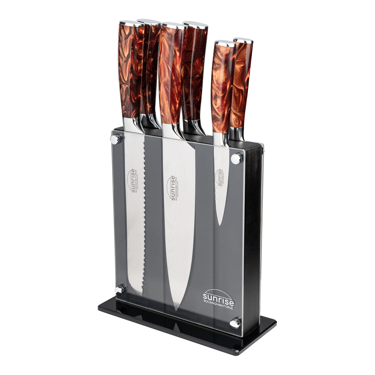 Rockingham Forge Juego de Cuchillos de Cocina de 7 Piezas, Serie Sunrise, Hoja de Acero Inoxidable con Mangos de Resina, Marrón Ambarino, RF-2160/7BR