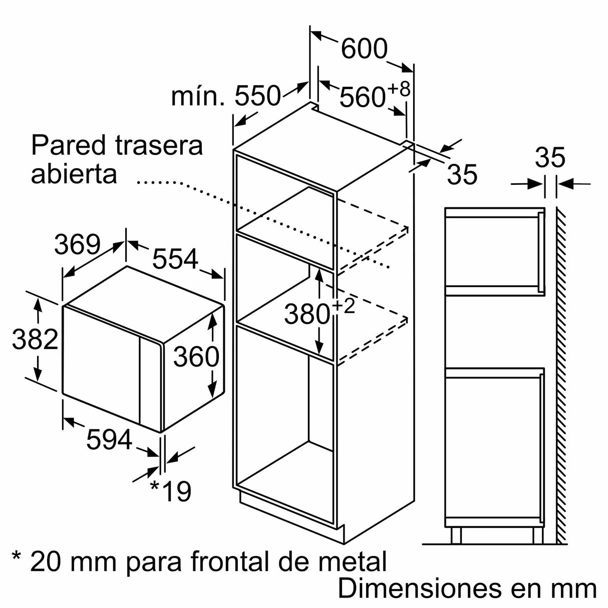 Balay Microondas encastrable sin marco, 38 cm, 25 l, Aqualisis, Ap. lateral izquierda, Cristal blanco, 8 recetas, Programación electrónica paro, Plato giratorio 31,5 cm, Con grill