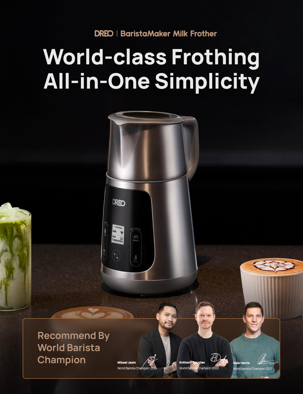 Dreo Espumador de Leche Todo en Uno, Creador de Espuma Automático para Microespuma de Nivel de Arte en Latte y Café Caliente/Frío, Calentador de Leche Eléctrico de 27oz/800ml con más de 30 Bebidas