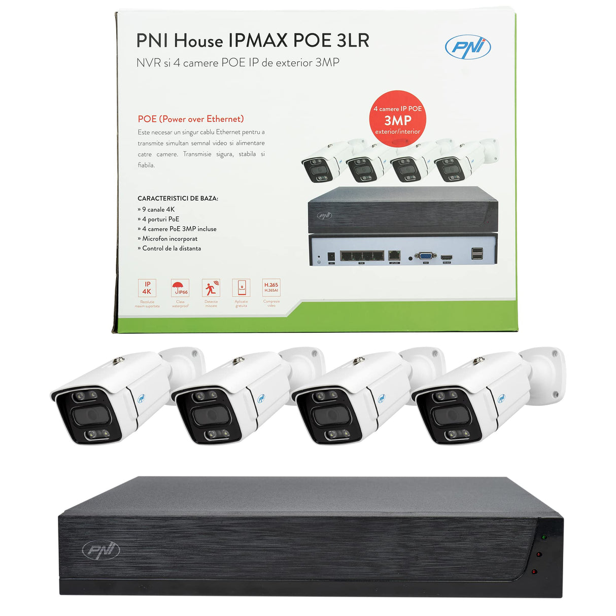 Kit de videovigilancia PNI House IPMAX PoE 3LR, NVR con 4 Puertos PoE y 10 en Red,y 4 cámaras de 3MP, Exterior