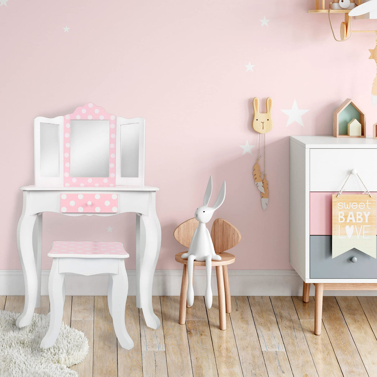WOOMAX - Tocador niña, Maquillaje niña niño, Tocador de Madera Infantil con Taburete y Espejo Niña, Centro de Belleza con cajón, Juguetes educativos niños 3 años, Juguetes imitación (85388)