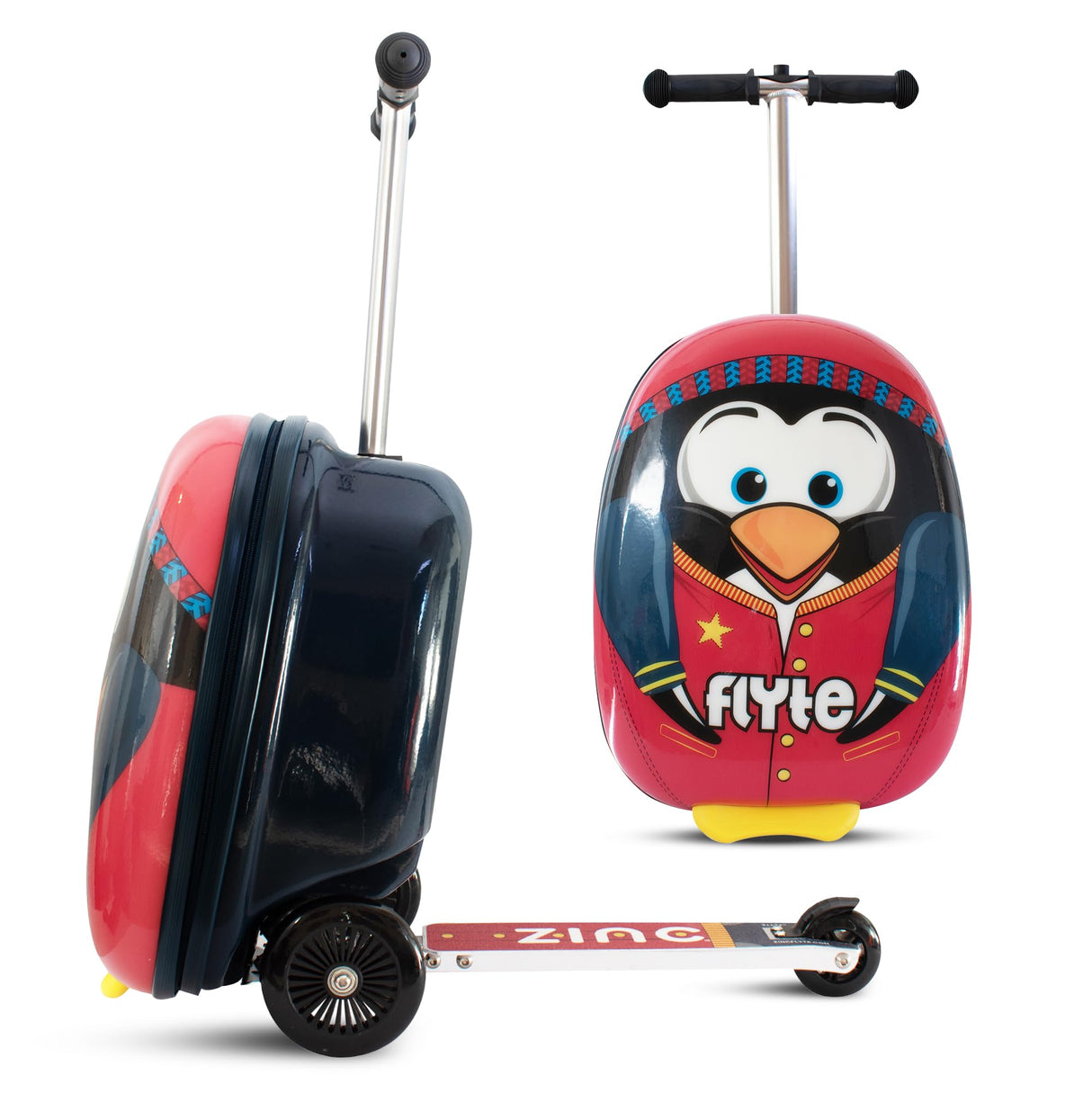 Flyte Scooter Maleta Plegable para niños – Perry el pingüino, Carcasa rígida, Paseo con Ruedas, 2 en 1, 18 Pulgadas, Capacidad de 25 litros, Red, 18-Inch, Perry el pingüino