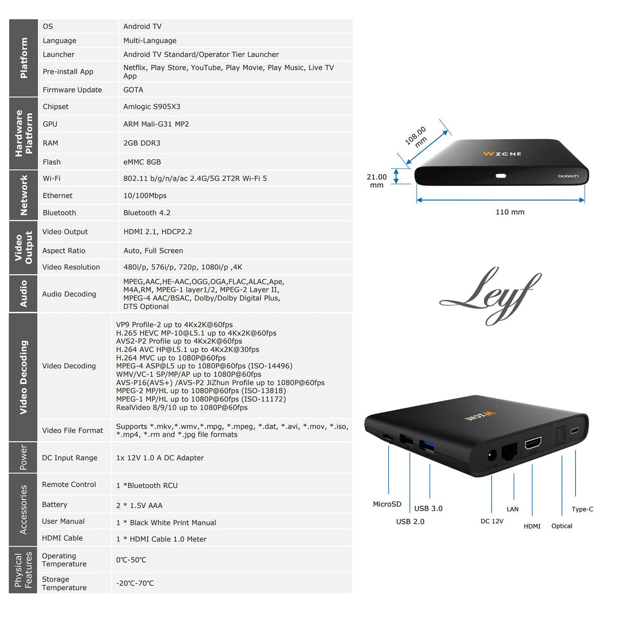Leyf 4K Android TV Box Original Licensed by Google LLC and Netflix, Disney, Prime Video WiFi, Type-C, HDMI 2.1, USB 3.0, Ethernet, MicroSD/Smart TV, Chromecast, Youtube