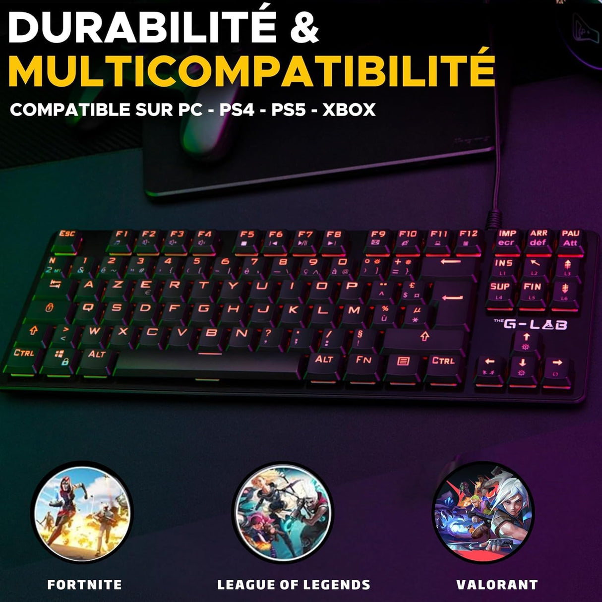 The G-Lab Keyz Platinium TKL - Teclado mecánico Rojo Outemu Low Profile AZERTY - Teclado Gamer TKL Ultra Fin, RGB & Teclas 100% Personalizable, Anti-Ghosting Total - PC/PS4/PS5/Xbox - New