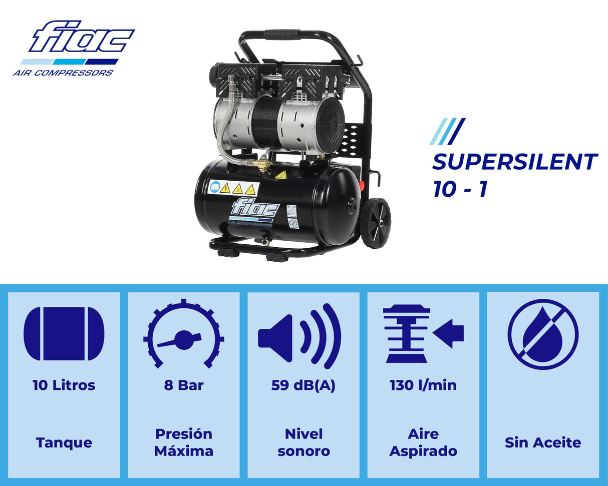 FIAC Compresor de Aire Portátil Silencioso SUPERSILENT 10, Sin Aceite, Presión Máxima 8 Bar, 1 Hp, Depósito 10 Litros, Nivel sonoro 58 dB LpA