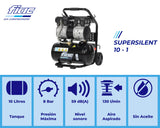 FIAC Compresor de Aire Portátil Silencioso SUPERSILENT 10, Sin Aceite, Presión Máxima 8 Bar, 1 Hp, Depósito 10 Litros, Nivel sonoro 58 dB LpA