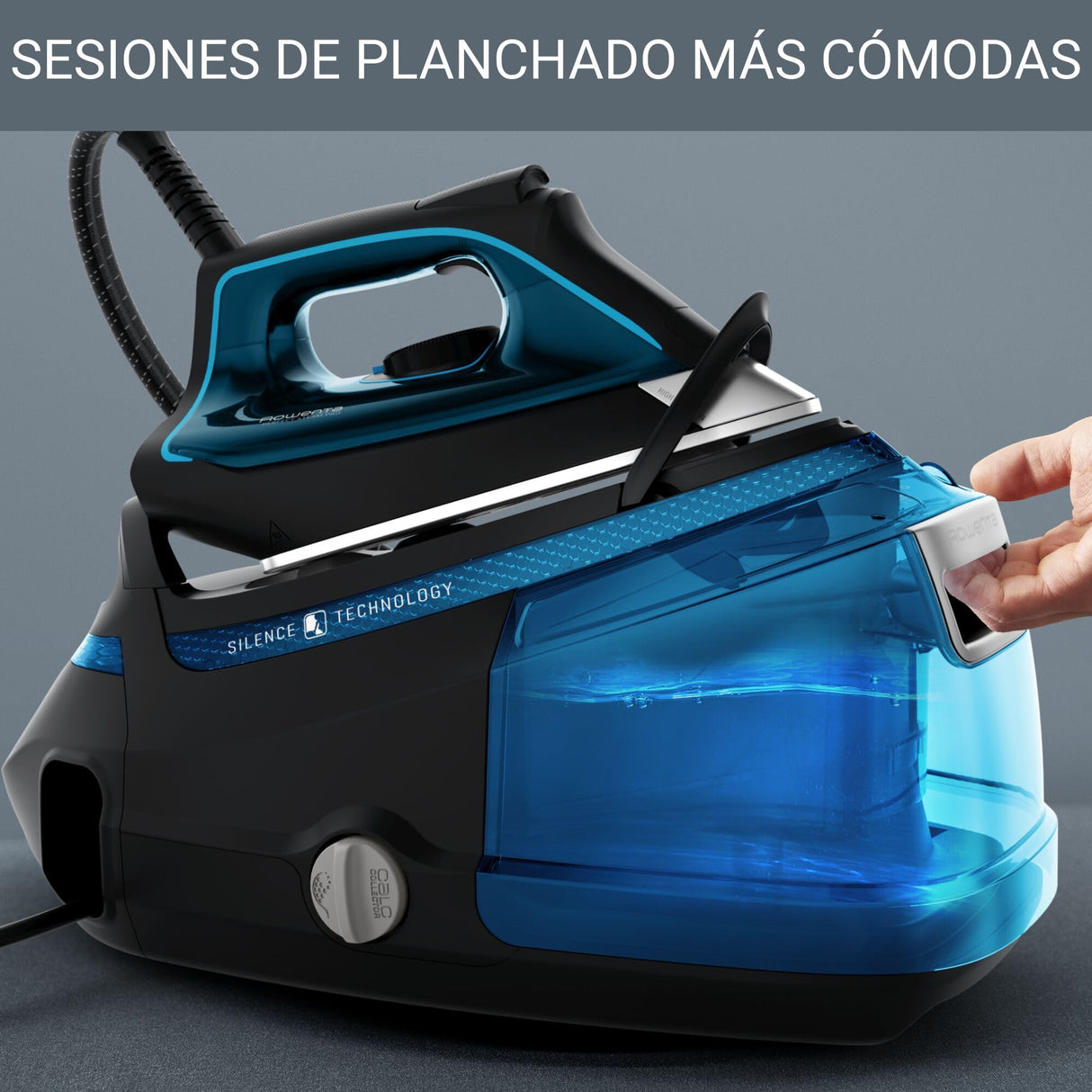 Rowenta Silence Steam Pro DG9222 Centro de planchado, autonomía ilimitada de 7,5 bares, golpe vapor 450 g/min, continuo de 140 g/min, suela Microsteam Laser 400, función Eco, azul
