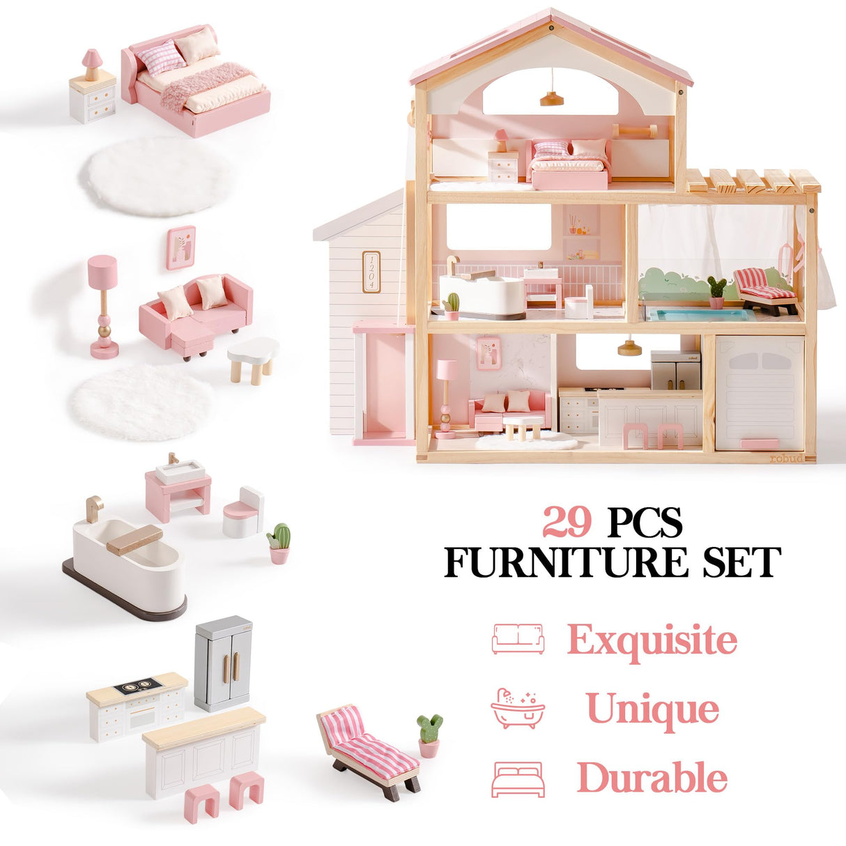 ROBUD Casa de muñecas de Madera,Villa de muñecas con Muebles,con Ascensor, Garaje, cenador y Piscina,Regalo para niños a Partir de 3, 4, 5, 6 años y Mayores,Rosa