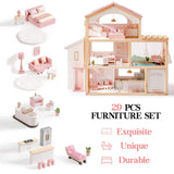 ROBUD Casa de muñecas de Madera,Villa de muñecas con Muebles,con Ascensor, Garaje, cenador y Piscina,Regalo para niños a Partir de 3, 4, 5, 6 años y Mayores,Rosa