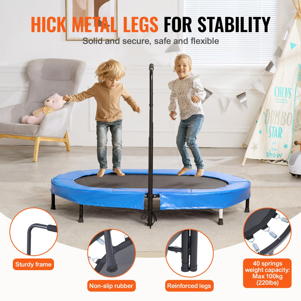 VEVOR Trampolín para Niños, Interior y Exterior, Mini Trampolín Plegable con Asa, Trampolín Rebotador para Niños de 3 Años en Adelante, Niños y Niñas para Divertirse, Azul, 1435 x 970 x (965-1285) mm