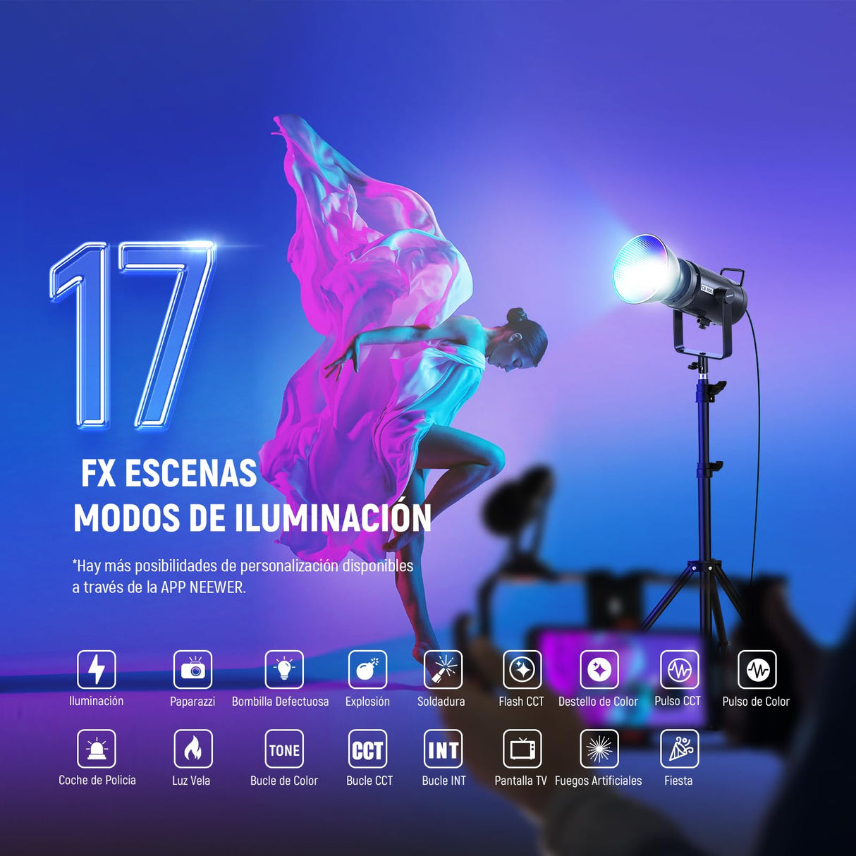 NEEWER Luz Vídeo LED 300W con Reflector, Montaje Bowens, 155000Lux/1m 5600K COB Iluminación Continua CRI97+/TLCI97+ Foco Estudio Regulable, App/2,4G/Control Integrado para Grabación Películas, CB300C