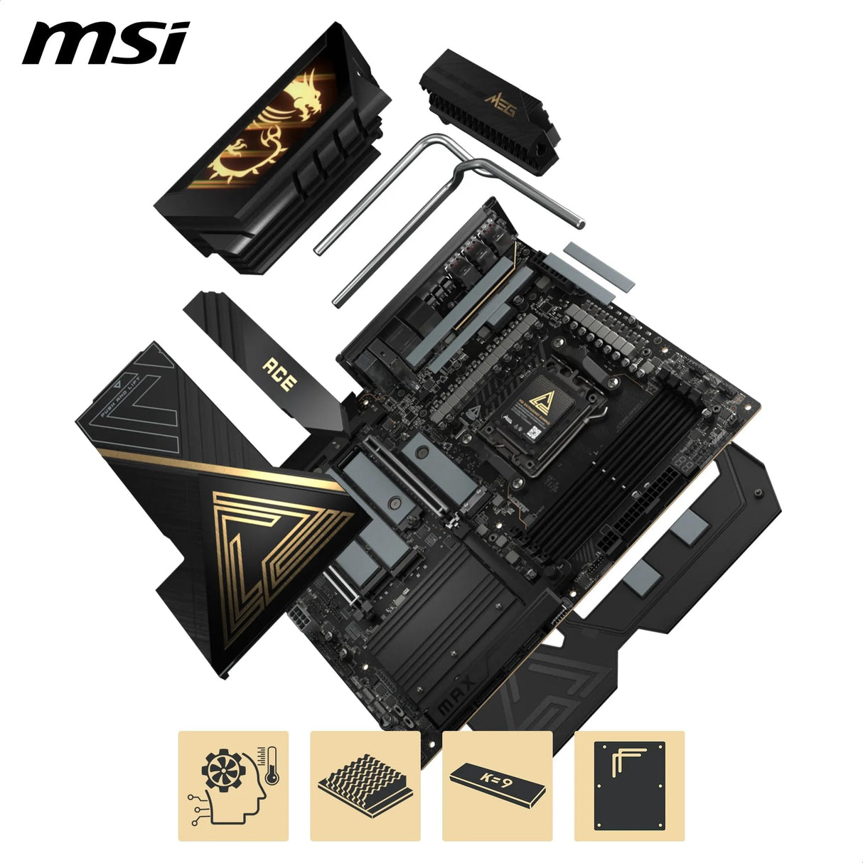 MSI Placa Base Meg X870E Ace MAX, ATX. Soporta procesadores AMD Ryzen 9000/8000/7000, AM5-64MB BIOS ROM, 110A SPS VRM, Memoria DDR5 (hasta 9000+ MT/s OC), M.2 y PCIe 5.0, USB4, Wi-Fi 7, 10G LAN
