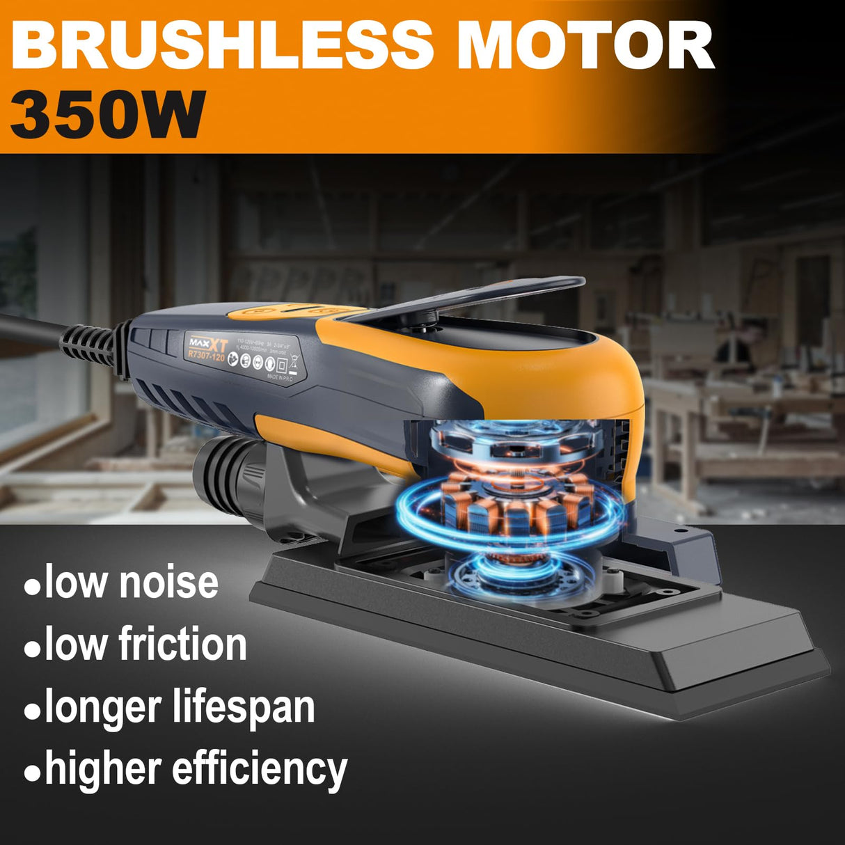MAXXT Lijadora orbital 3.0 sin escobillas 350W, velocidad ajustable 4000-10000/RPM, freno automático 2s, recogida automática de polvo, superficie de lijado 198x70mm, 10 hojas abrasivas