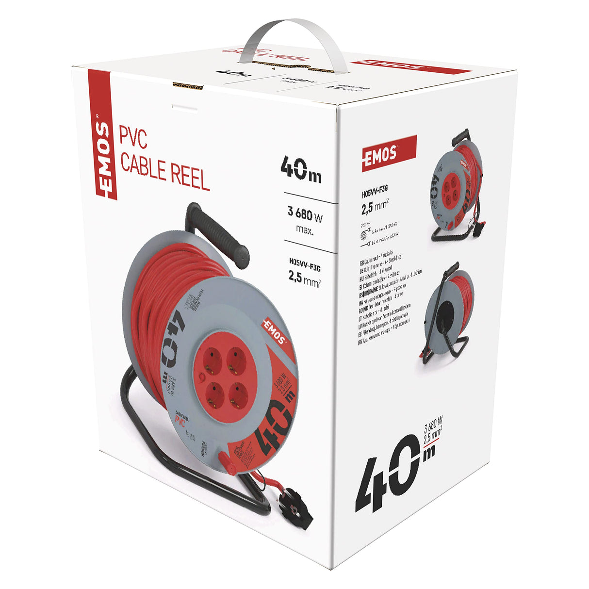 EMOS - Carrete de Cable de 40m con Cable alargador Reforzado - 4 enchufes Schuko - 230 V, 16 A, 3680 W - Aislamiento PVC - H05VV-F3G 2,5 mm2 - Protección contra sobrecalentamiento - IP20 para