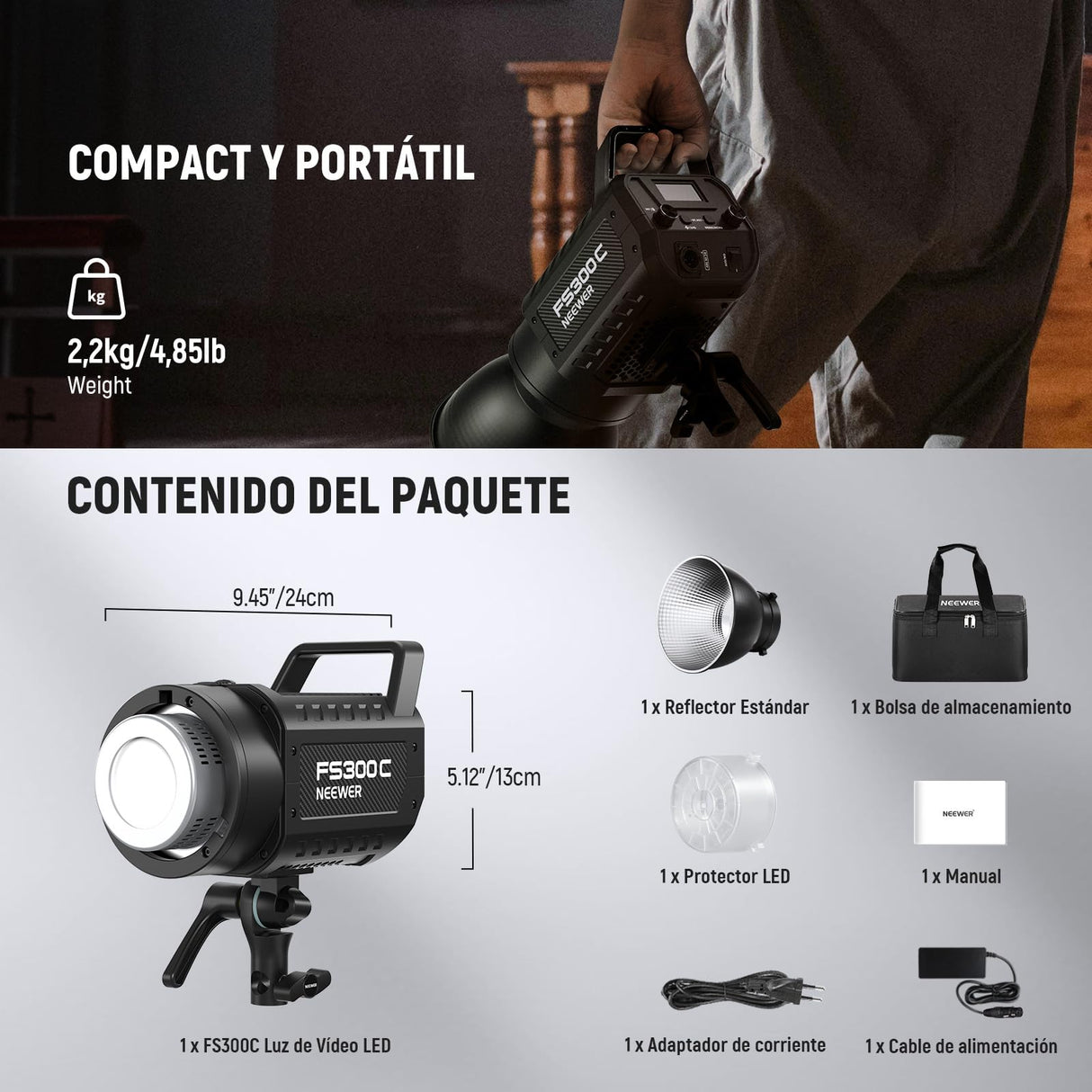 NEEWER 300W RGB Luz Video LED App/2.4G Control 17 Efecto 2500-7500K 36000lux/1m COB Iluminación Salida Continua CRI95+/TLCI97+ 4 Curvas de Atenuación Foco Bowens Mount para Estudio Fotográfico,FS300C