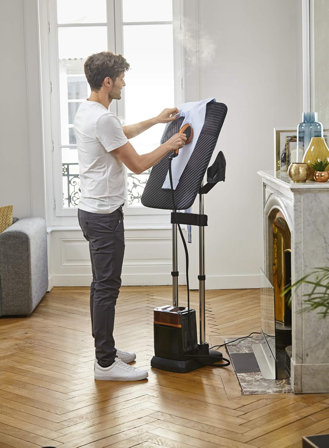 Rowenta IXEO Power QR2020 Cepillo de vapor 2170W, 5.8 bares presión vapor, depósito 1.1 L, elimina arrugas, olores y desinfecta, accesorio prendas delicadas y gruesas, tabla vertical, Negro