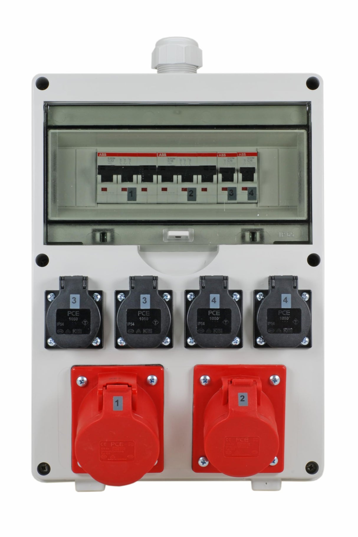 EHMANN Distribuidor de pared profesional, entrada M32 para cable, con disyuntores, Made in Germany, 6 salidas (1 x CEE 32 A / 1 x CEE 16 A / 4 x 230 V~), K2, BGI-GUV-I608
