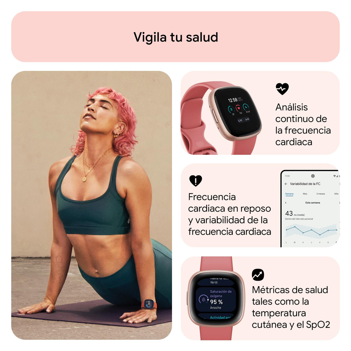 Fitbit Versa 4,Pink Sand/Copper Rose Smartwatch, Unisex-Adult, Rosa Arena/Aluminio Rosa cobrizo, One Size