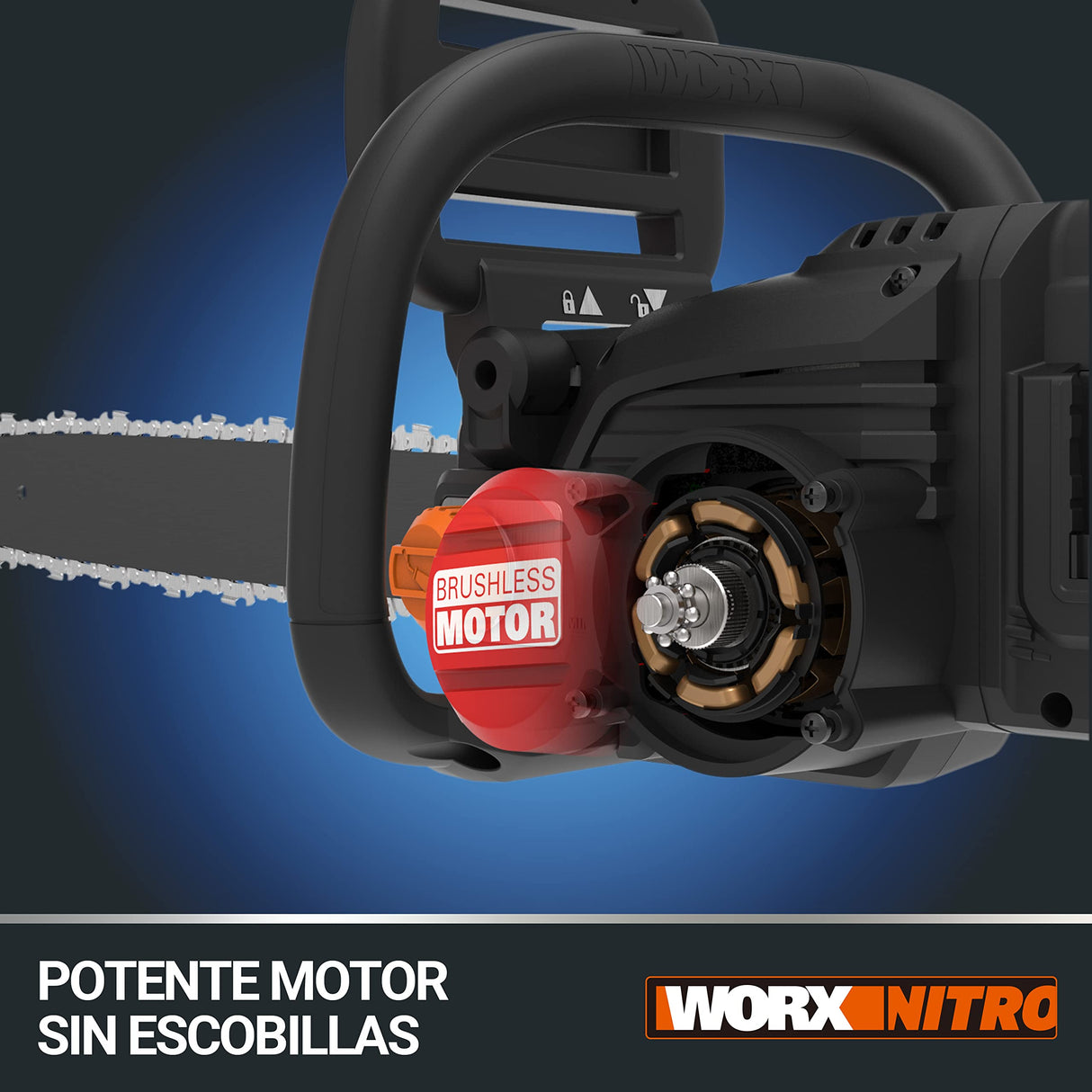 WORX Motosierra Nitro 40V (2x20V) | PowerShare | WG385E.9 | No incluye batería ni cargador | Motor Brushless | Espada 40 cm | Freno de cadena y lubricado automático