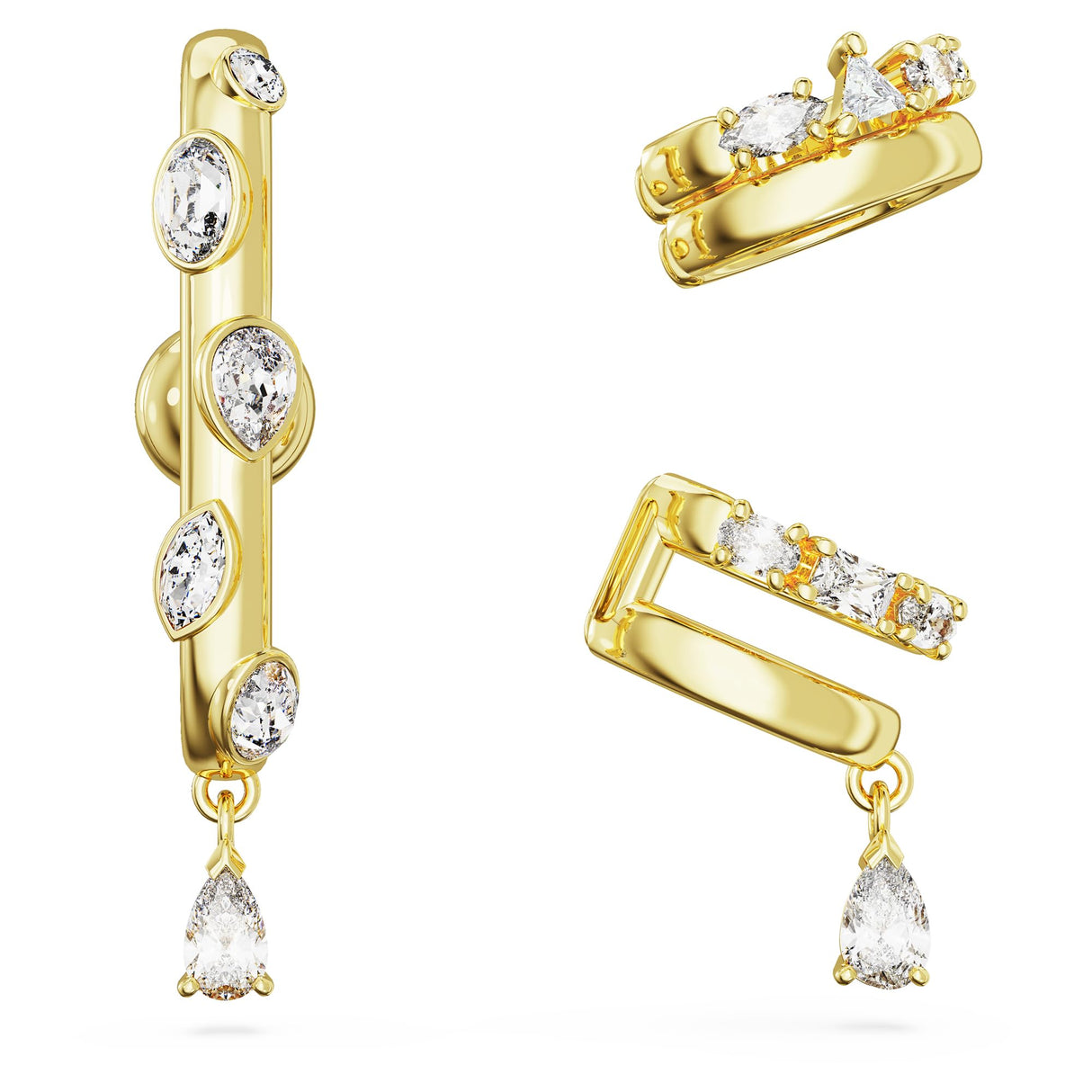 Swarovski Conjunto de 3 Pendientes Ear Cuff Dextera, Tallas Mixtas, Cristales Blancos, Baño Tono Oro