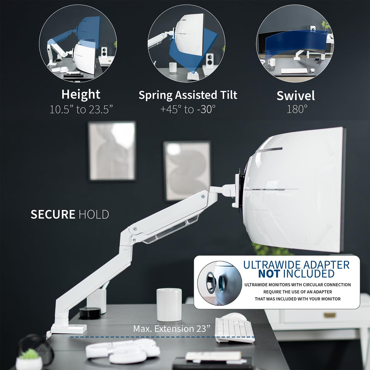 Vivo Brazo de Monitor de Aluminio monitores ultraanchos de hasta 49 Pulgadas y 33 Libras, Soporte de Montaje de Escritorio único, Altura neumática, VESA máxima 100 x 100, Blanco,