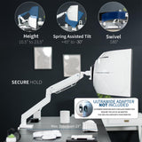 Vivo Brazo de Monitor de Aluminio monitores ultraanchos de hasta 49 Pulgadas y 33 Libras, Soporte de Montaje de Escritorio único, Altura neumática, VESA máxima 100 x 100, Blanco,