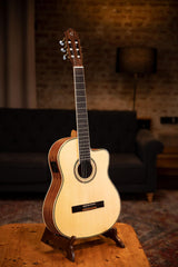 Ortega Guitars Family Series Pro - Guitarra de concierto de tamaño completo (electroacústica, abeto y caoba, incluye funda (RCE141NT)