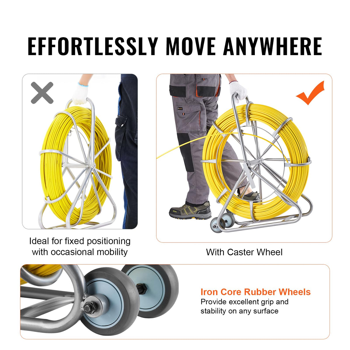 VEVOR Cinta de Pescado de Fibra de Vidrio de 200,09m Diámetro de 7,94mm Extractor de Cables con Varilla para Pasar Cables, Soporte de Carrete de Acero, 3 Cabezales de Extracción, Herramientas de Pesca