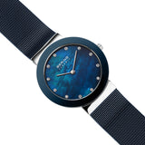 BERING 11435-387 Reloj de cuarzo para mujer con caja de acero inoxidable plateado de 35 mm y esfera azul, correa milanesa, cristal de zafiro y resistencia al agua de 5 ATM